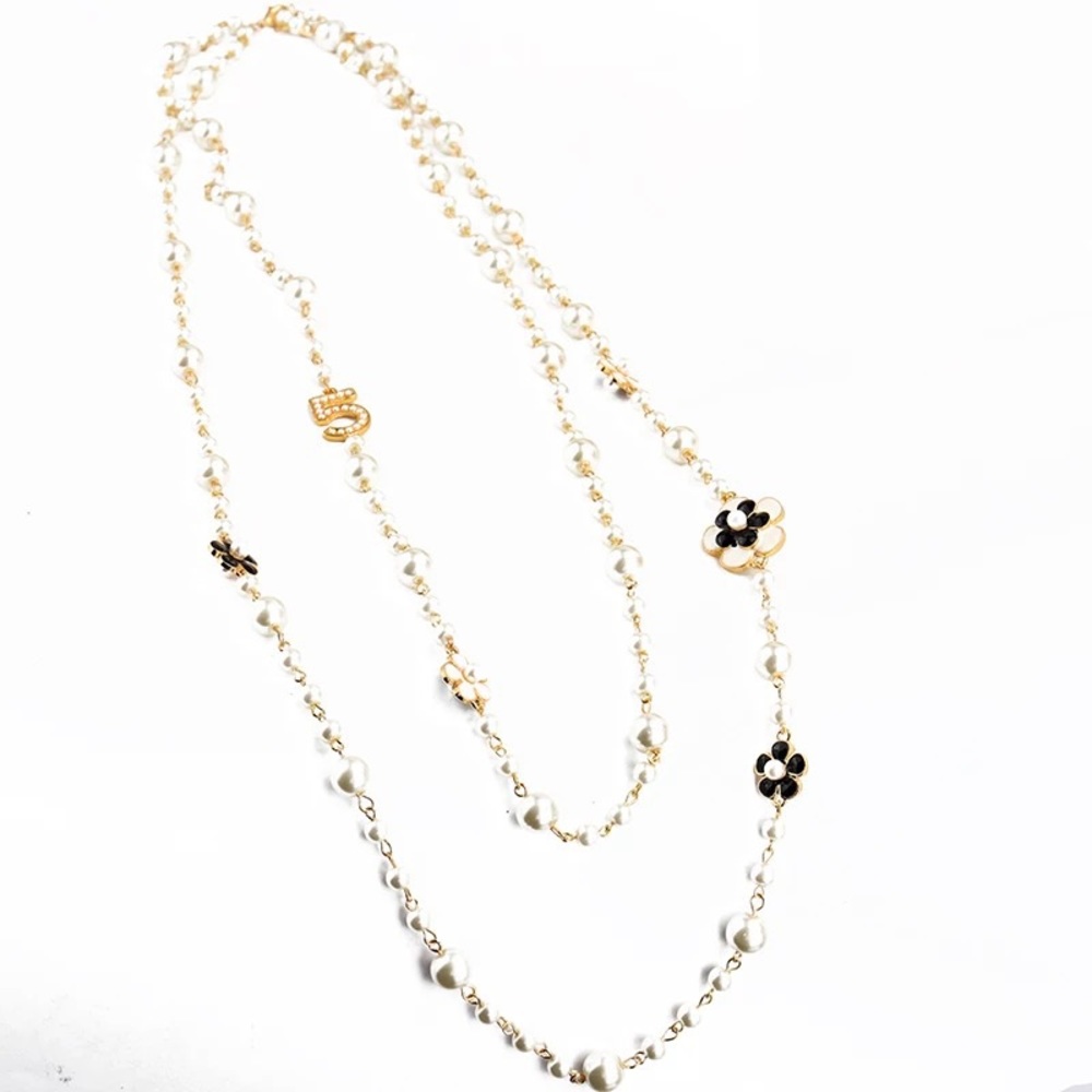 New Pearl Camellia Number5 Flower Double Long Necklace - Picture 15 of 17